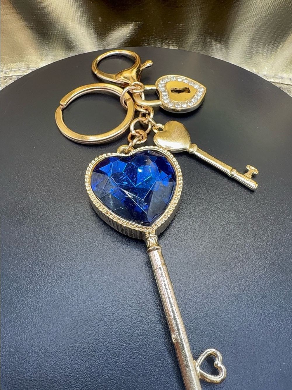 Gold Heart Keychain with Deep Blue Crystal Accent